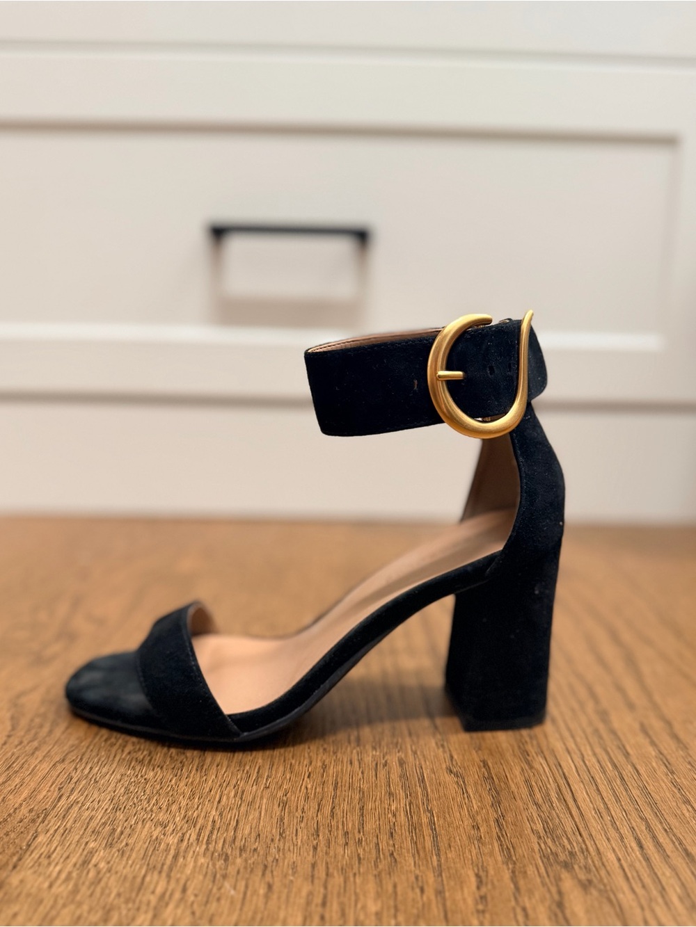 AEROSOLES Black Suede Block Heel Sandals with Gold Buckle